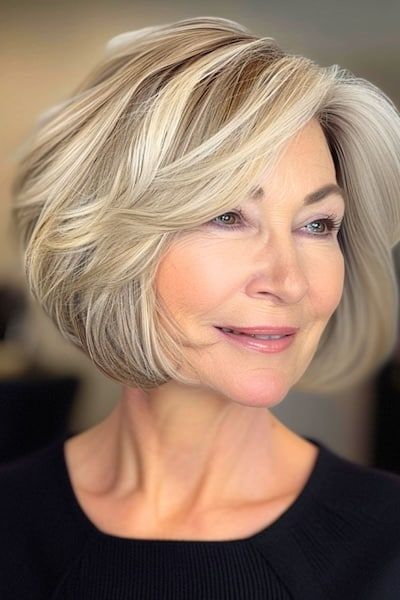 Chin Length Bob con capas Peinado para mujeres mayores de 50 años con el pelo grueso.