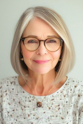 Peinado Bob para mujeres de más de 70 años con gafas.
