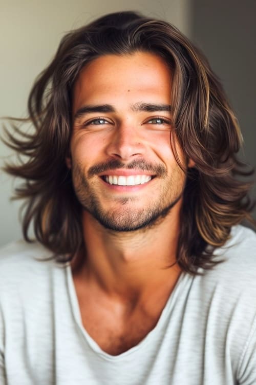 Layered ondas peinado largo en el hombre sonriente.