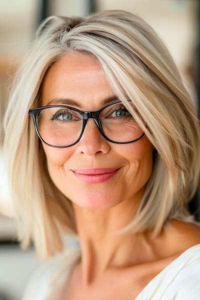 Peinado Bob largo para mujeres de más de 50 años con gafas.