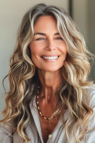 Peinado con ondas largas texturizadas para mujeres de más de 60 años con cabello fino. 