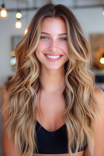 Castaño Pecan Oscuro con Rubio Dorado Balayage Hair Color Idea.