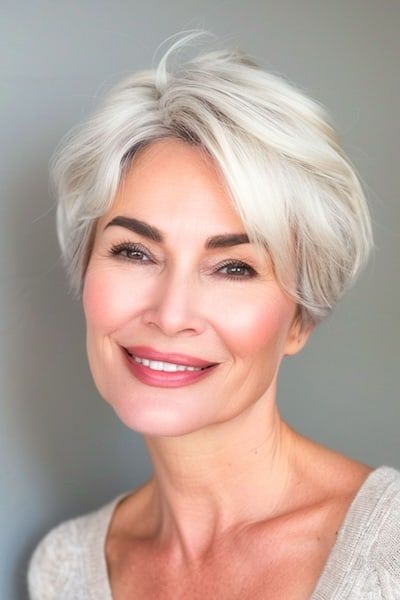 Corte de pelo Pixie con barrido lateral para mujeres de más de 60 años.
