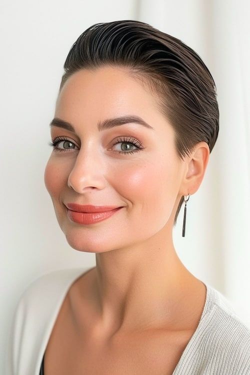 Pelo muy corto peinado hacia atrás en una mujer sonriente de más de 50 años.