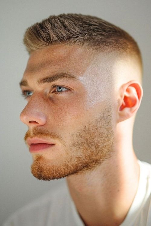 Corte redondo texturizado con desvanecimiento alto en cabello rubio.