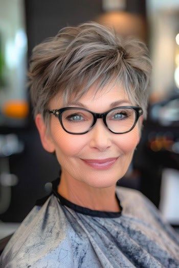 Pixie texturizado peinado corto para mujeres mayores de 50 años con gafas.