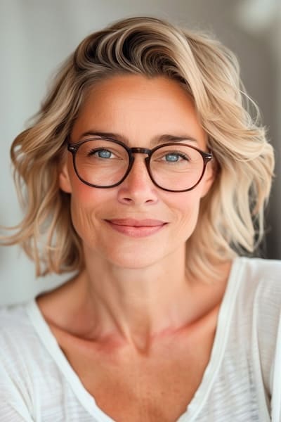 Peinado con capas voluminosas para mujeres de más de 40 años con gafas.