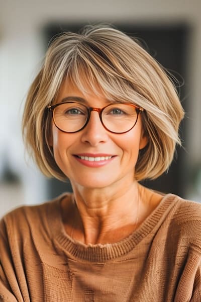 Peinado Bob con flequillo para mujeres de más de 50 años con gafas.