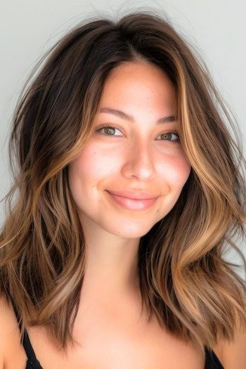 Castaño Pecan Oscuro con Mechas Balayage Trigo Idea de Color de Pelo.