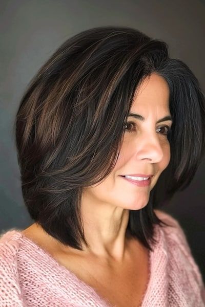 Peinado Bob a capas con mechas balayage para mujeres de más de 50 años.