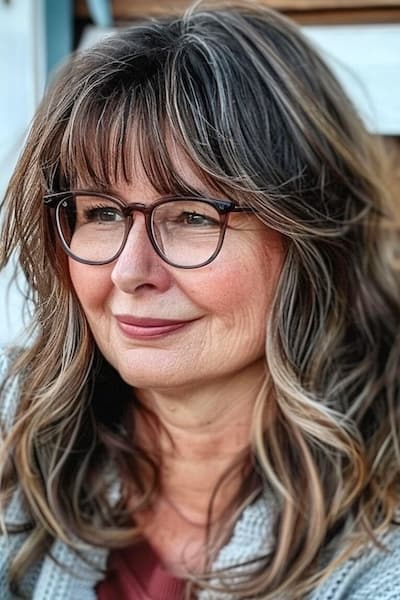 Layered Lob Peinado para mujeres mayores de 40 años con gafas.