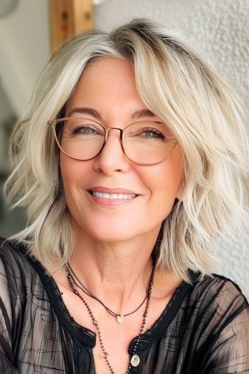 Shaggy capas peinado corto para las mujeres mayores de 50 años con gafas.