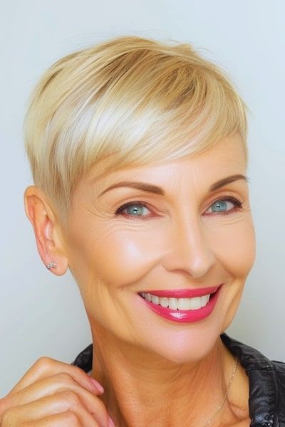Suave Pixie con barrido lateral y corte de pelo cónico para mujeres mayores de 60 años.