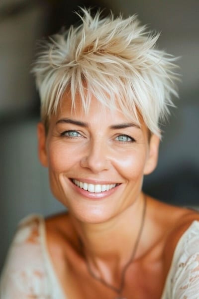 Peinado Spiky Pixie con flequillo para mujeres mayores de 40 años con flequillo.