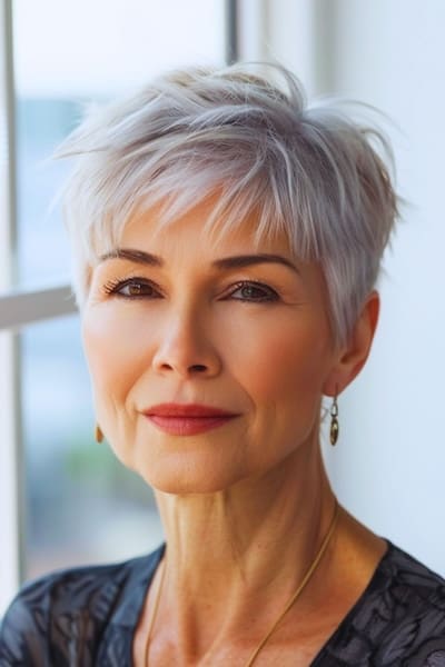 Peinado Pixie texturizado para mujeres de más de 60 años con pelo fino.