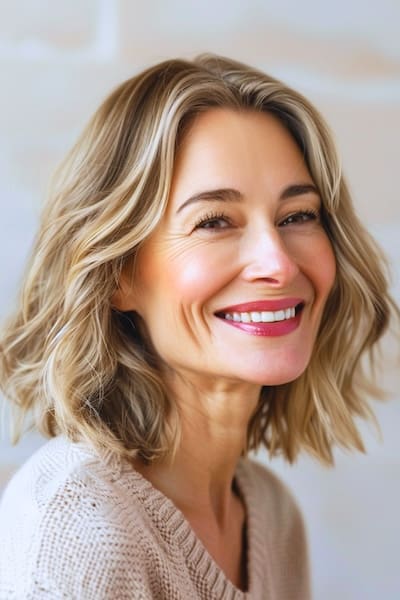 Peinado Blunt Wavy Lob para mujeres de más de 60 años con cabello fino.