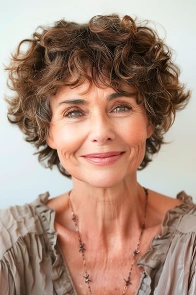 Corte de pelo Pixie rizado con flequillo para mujeres de más de 60 años.