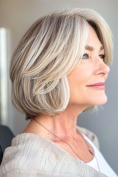 Peinado Bob a capas para mujeres de más de 50 años con pelo grueso.