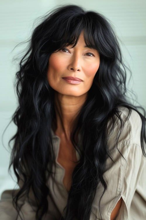 Ondas largas negras con flequillo peinado wash and wear para mujeres de más de 60 años.