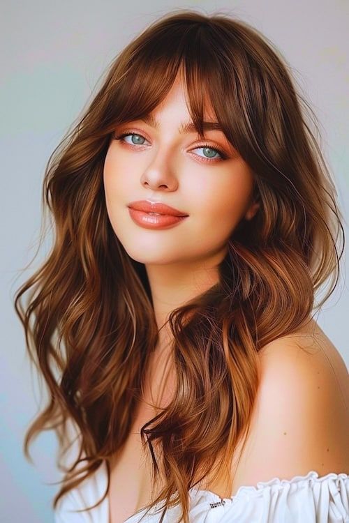 Idea de peinado de fiesta largo con ondas suaves y flequillo.
