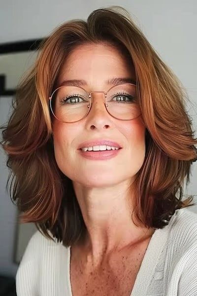 Peinado con ondas y capas para mujeres de más de 40 años con gafas.