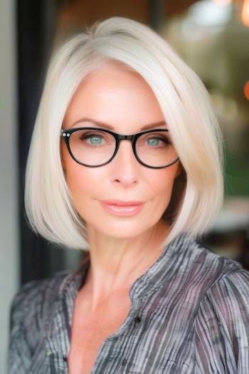 Peinado Rubio Bob Corto Para Mujeres Mayores De 50 Con Gafas.