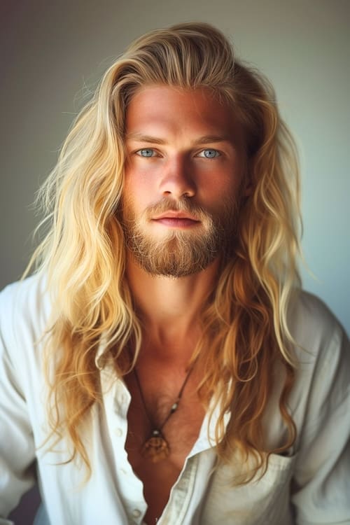 Ondas doradas de playa en un joven guapo con pelo largo rubio y barba.