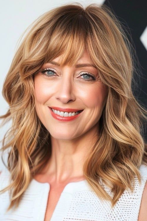 Ondas a capas con flequillo peinado medio largo para mujeres de más de 50 años.