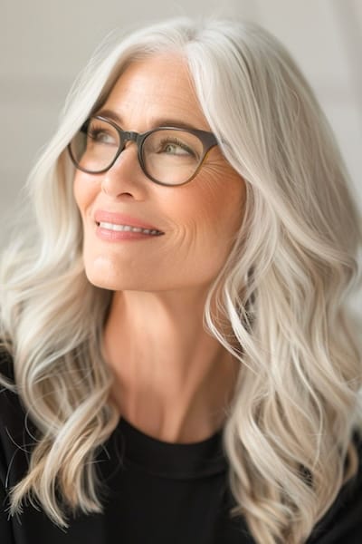 Peinado con ondas largas para mujeres de más de 50 años con gafas.