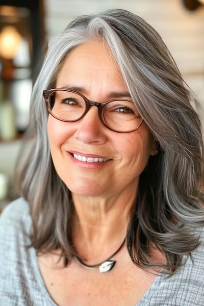 Peinado a capas medio largo para mujeres de más de 40 años con gafas.