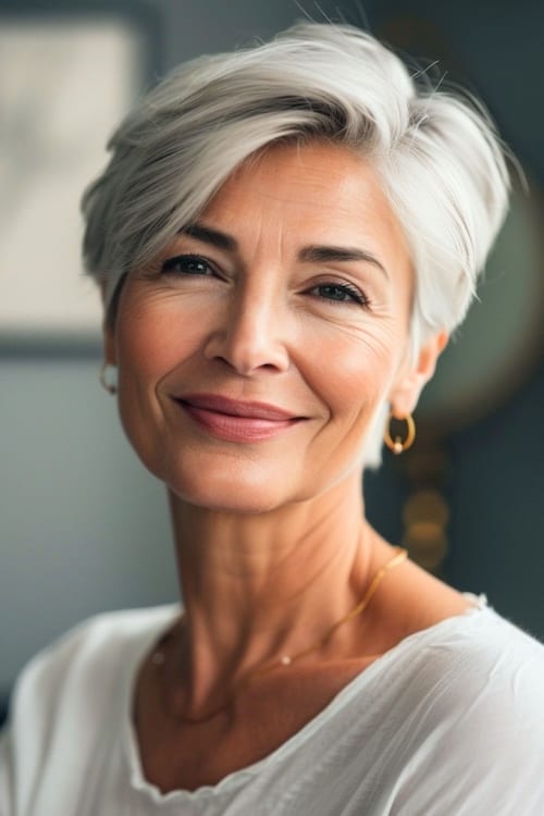 Corte pixie voluminoso en pelo corto plateado de mujer sonriente de unos 50 años.