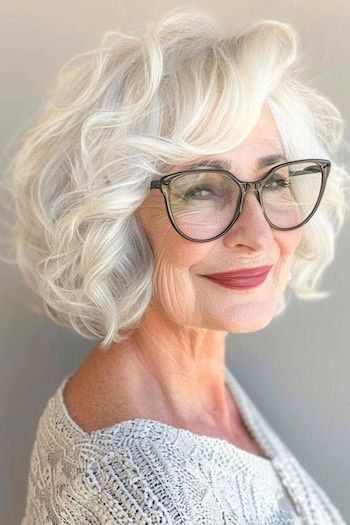 Peinado Bob ondulado con volumen para mujeres de más de 70 años con gafas.