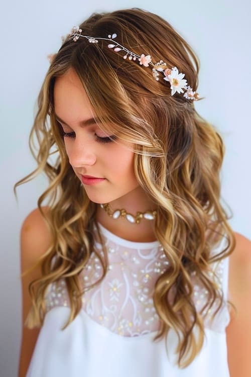 Ondas realzadas con diadema de flores ideas para peinados de graduación.