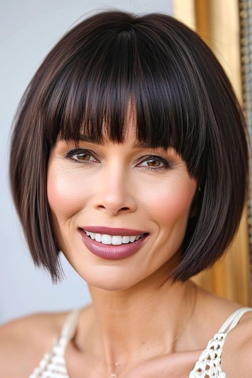 Peinado bob castaño con flequillo despuntado en mujer mayor sonriente.