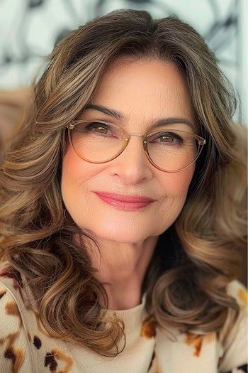 Peinado rizado de corte medio largo para mujeres de más de 70 años con gafas.