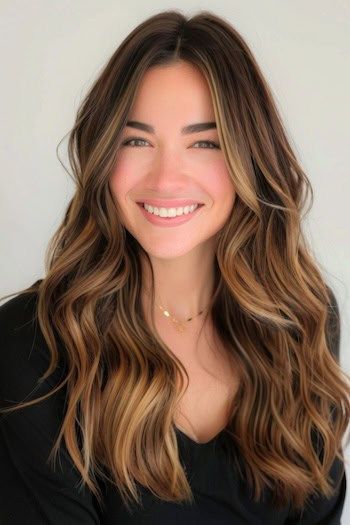 Idea de color de pelo castaño trufa oscuro con balayage champán.