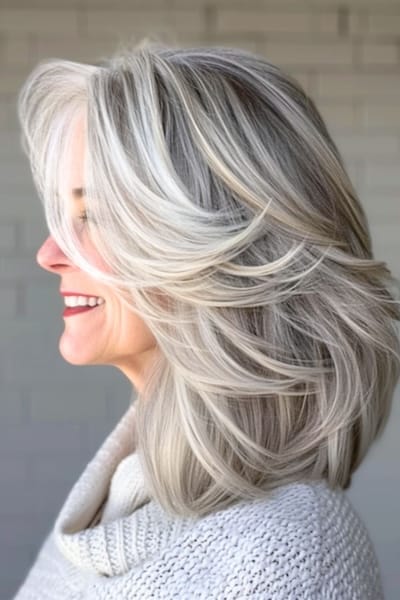 peinado de capas de plumas para las mujeres mayores.
