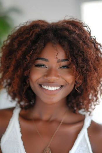 A capas de cobre rizos peinado corto para las mujeres negras.