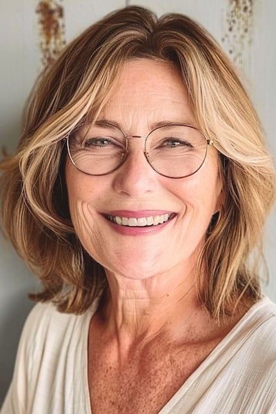 Corte de pelo a media melena con capas para mujeres de más de 40 años con gafas.