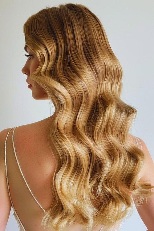 Idea de peinado de graduación rubio con ondas del viejo Hollywood.