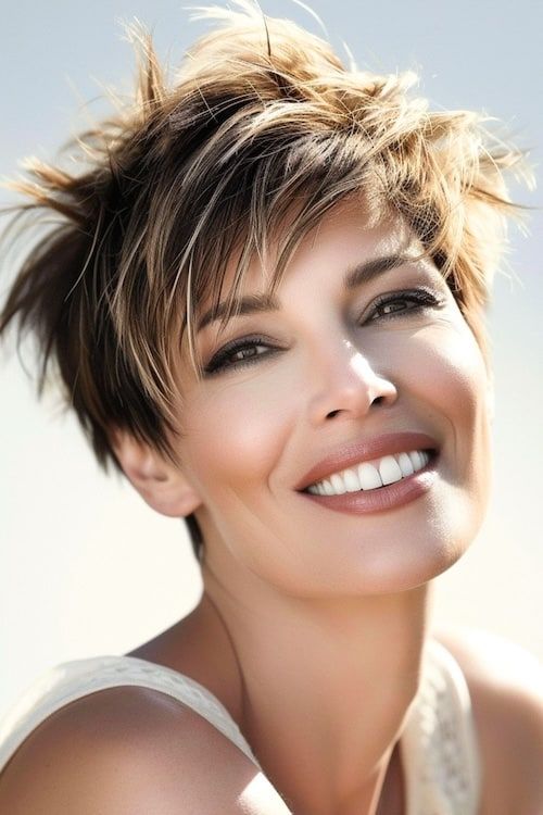 Bonito corte pixie con capas entrecortadas en mujer de 40 años.