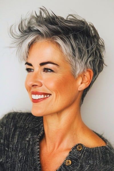 Burgundy spiky pixie cut on older woman.