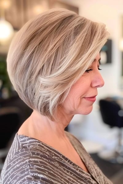 Bob en ángulo con capas largas Peinado para mujeres mayores de 50 años con el pelo grueso.