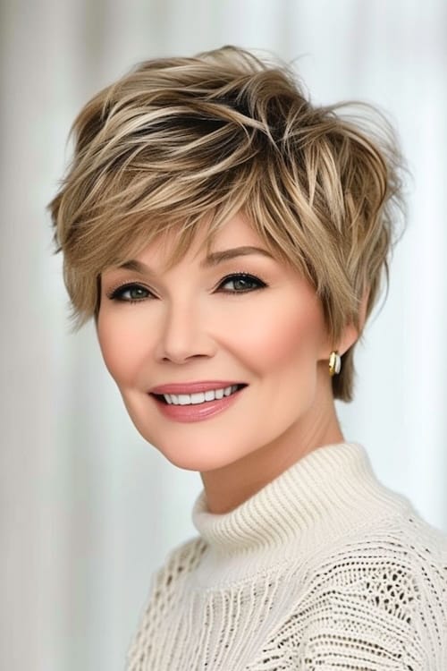 Flequillo de plumas con mechas peinado corto para mujeres de más de 50 años.