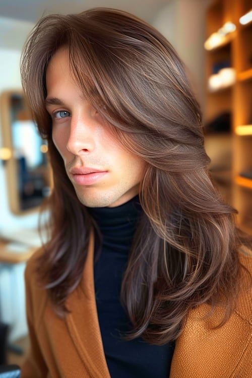 Peinado con capas de plumas en hombre joven.