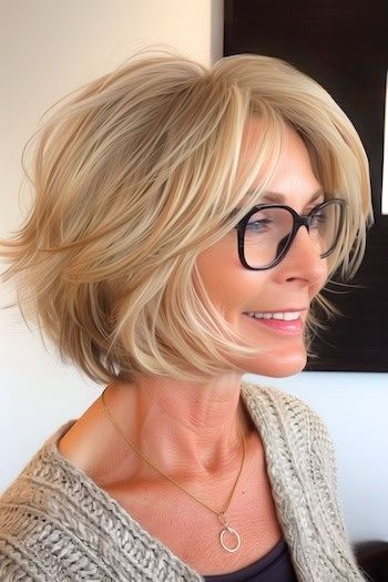 Layered Bob with Side-Swept Bangs Peinado corto para mujeres mayores de 50 años con gafas.