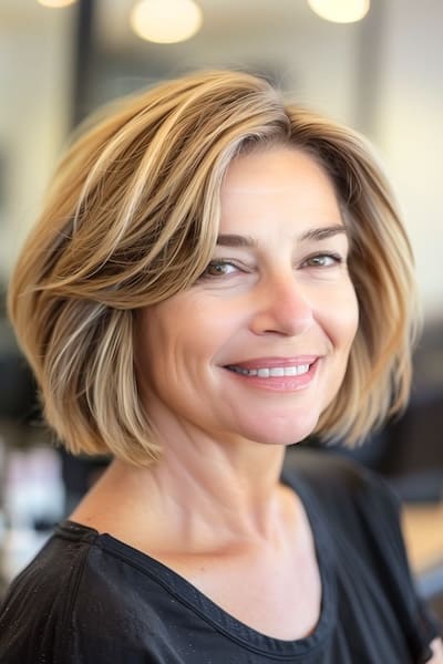 Layered Highlighted Bob Hairstyle para mujeres mayores de 50 años.