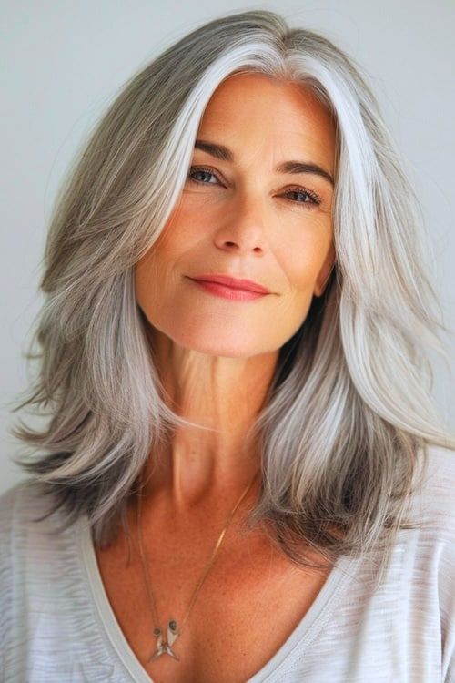 Layered silver lob peinado de longitud media para las mujeres mayores de 40 años.