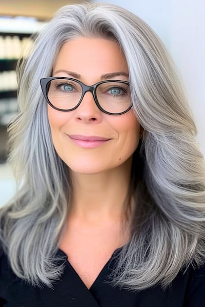 Peinado de capas largas para mujeres de más de 40 años con gafas.