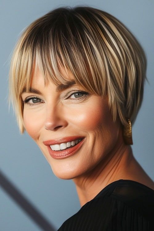 Moderno corte rubio en tazón en una bella mujer de unos 50 años.